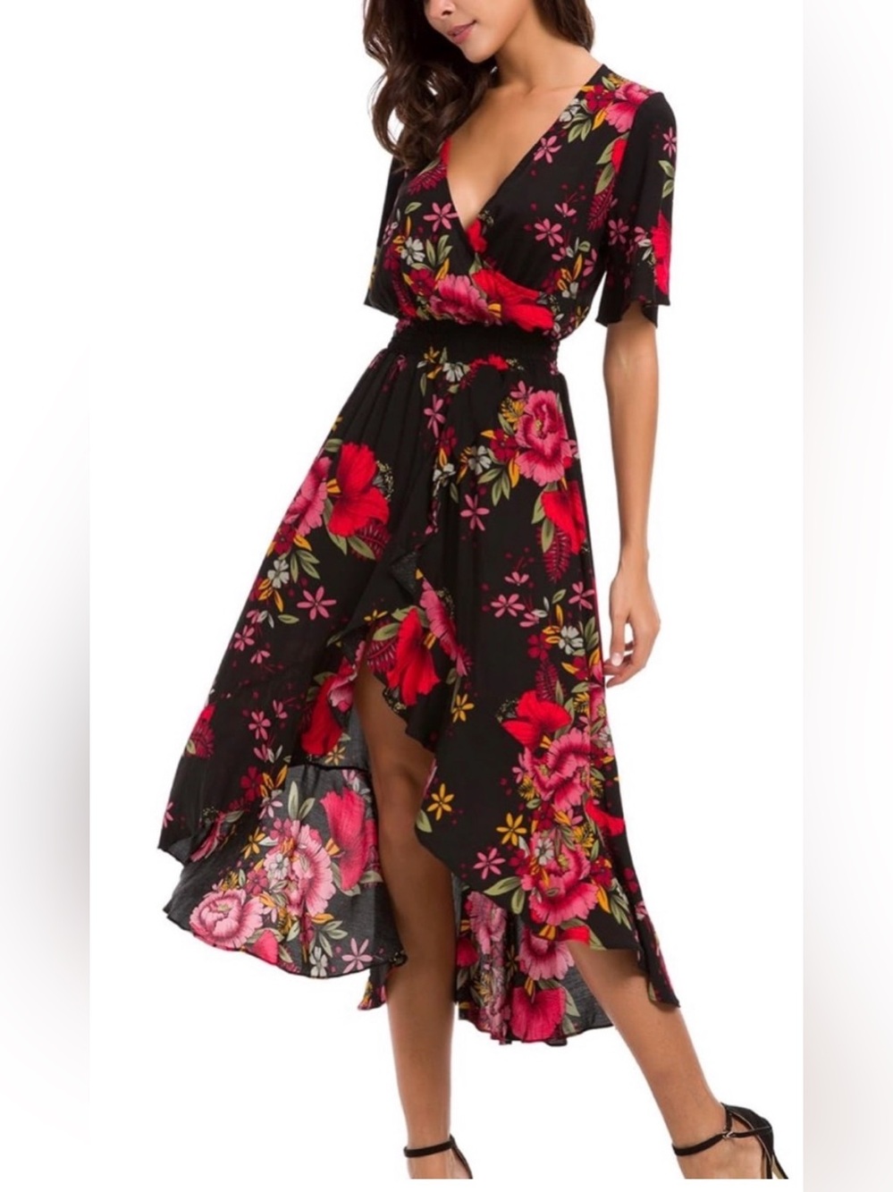 Floral Wrap Midi romper Dress - Black & Red